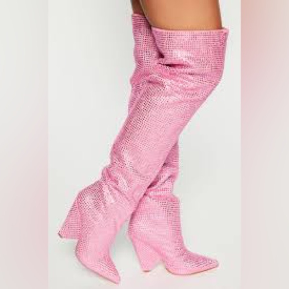 RARE💕NIB Fashion Nova Nano Pink Rhinestone Thigh High Boot